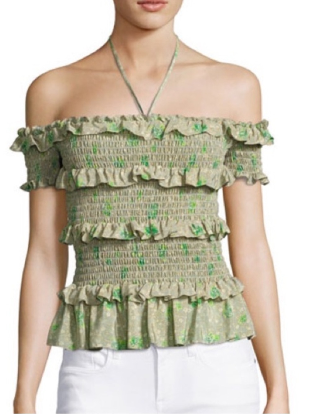 Rebecca Taylor  100% Silk Top Sz M Smocked Ruffle Off The Shoulder Floral Green